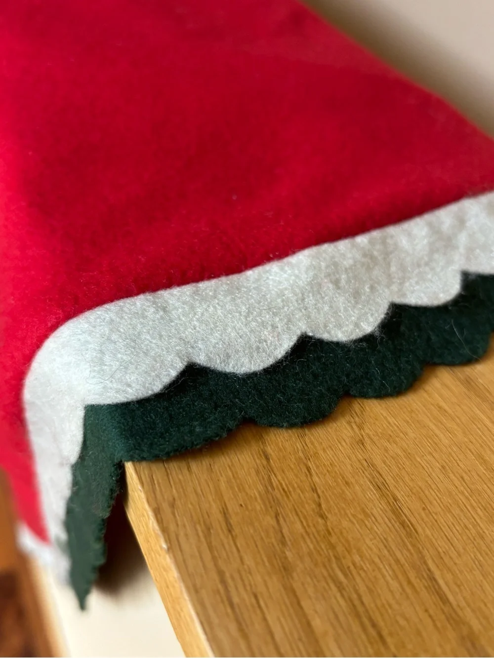 Vintage Felt Tree Skirt, Ho Ho Ho Design PomPoms 52” XL Red White Santa Hats